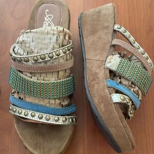 Slide Sandals Azura oletha,Gold, Blue, Crystals,Studs, Padded Suede Sole 37